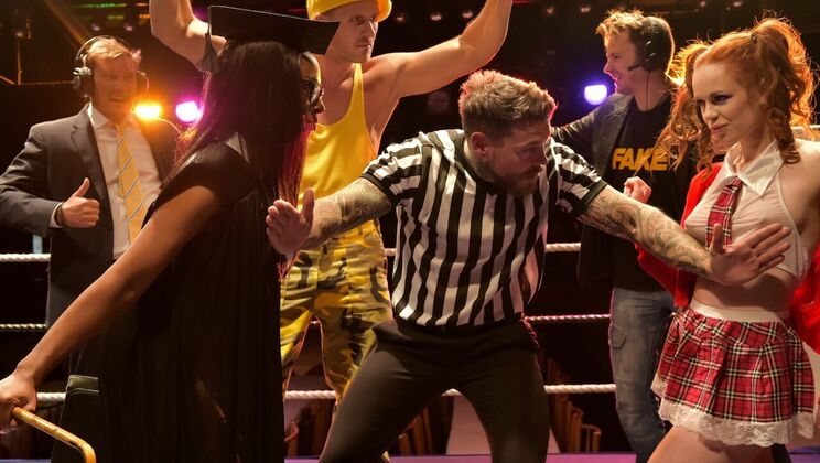 [FakeHubOriginals] - Double Blowjob: The Headmistress And Teen Machine - Ella Hughes - Dean Van Damme