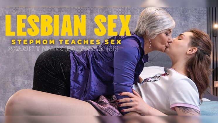 Young Scarlett Spark Gets Fucked by Hairy Granny Arwen in a Lesbian Lesson