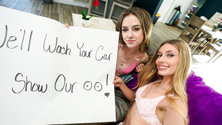 Blonde And Brunette Babes Give Bikini Wash - Then FFM With Cum Swap