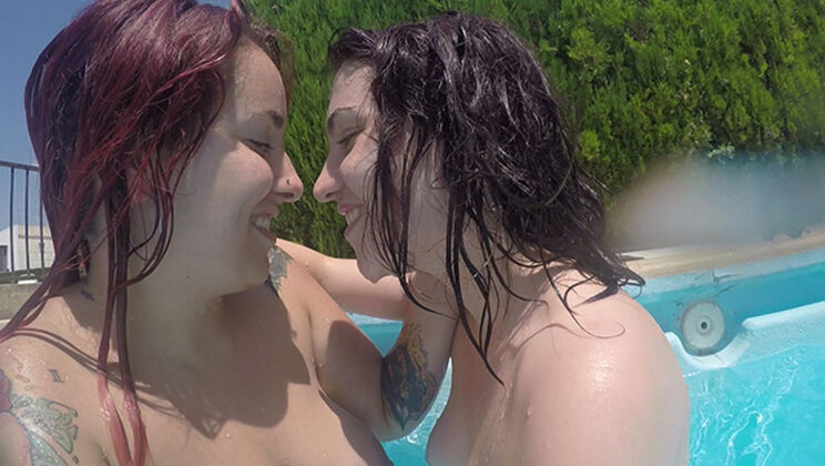 Eva & Sharruska Slippery Wet: Poolside Lesbian Quickie Foot Licking