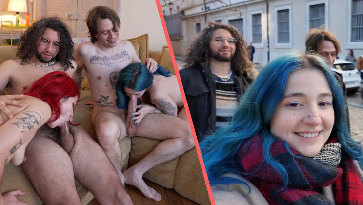 Two Couples Fuck: Hairy, Tattoo, Piercing, and Pegging Fun